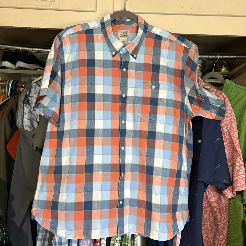 LL Bean Mens XL Traditional Fit Plaid Short Sleeve Button Down Shirt Orange Blue - Picture 9 of 13